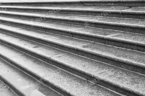 Preview: Stairway With Granite Stone Steps In Perspective, Close Up. Black And White.