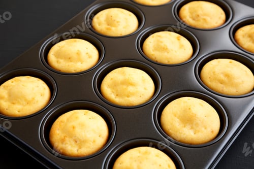 Preview: Homemade Cornbread Muffins On A Black Background, Side View. Close-Up.