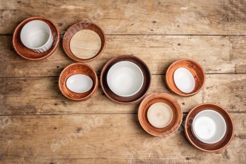 Preview: Handmade Empty Ceramic Dishes And Plates On Wooden Background. Collections Of Various Bowls