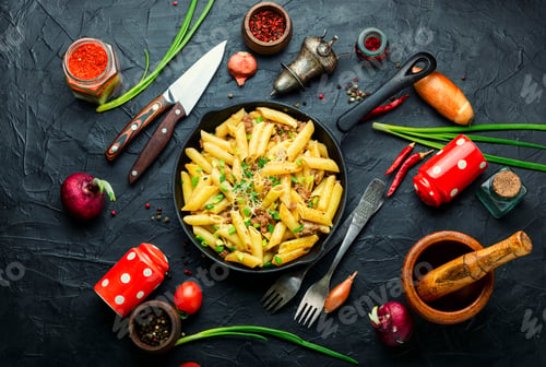 Preview: Skillet Of Pasta With Fried Minced Meat.Soviet Folk Dish