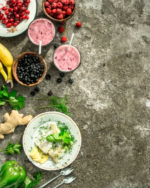 Preview: Healthy Dinner. Fish Fillet In Sour Cream And Berry Smoothie. On Rustic Background.