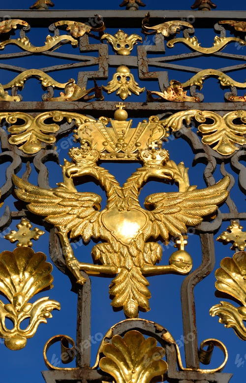 Preview: Fragment Of Catherine Palace Fence In Tsarskoye Selo With Golden Double-Headed Eagle, Suburb Of