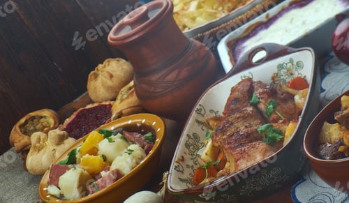 Preview: Finnish Cuisine, Traditional Assorted Dishes, Top View.