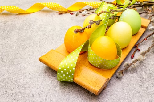 Preview: Easter Eggs, Willow Seals Branches, Polka Dot Satin Ribbons. Concept On A Wooden Stand On A Stone