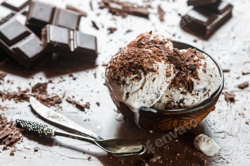 Preview: Homemade Vanilla Ice Cream With Chocolate Chips. Refreshing Dessert For Gourmets. Stracciatella