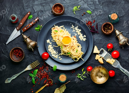 Preview: Pasta Carbonara Or Spaghetti With Bacon And Parmesan Cheese.Italian Food