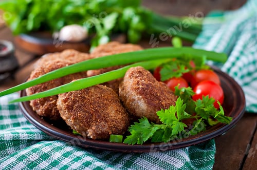 Preview: Juicy Delicious Meat Cutlets On A Wooden Table In A Rustic Style. Selective Focus