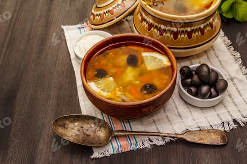 Preview: Hodgepodge, Hot Soup Served In Traditional Ceramic Bowl And Pot. Classical Eastern Europe Dish