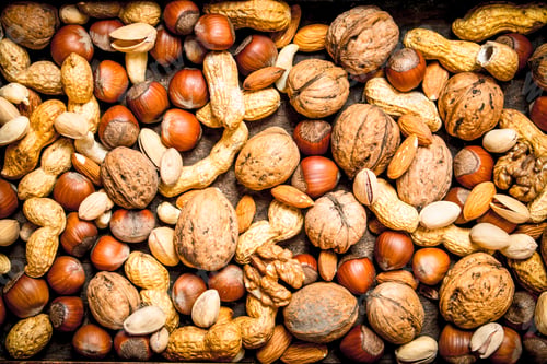 Preview: Different Nuts - Hazelnut, Walnut, Peanut. Top View.