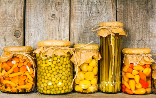 Preview: Preserved Food In Glass Jars, On A Wooden Shelf. Various Marinaded Food