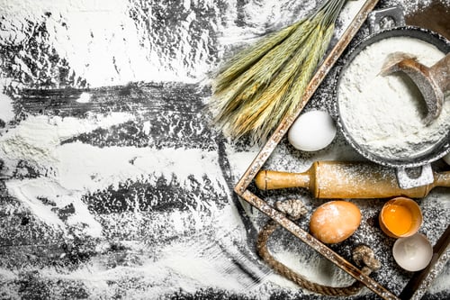Preview: Dough Backround. Flour With Eggs And Rolling Pin. On The Stone Table.