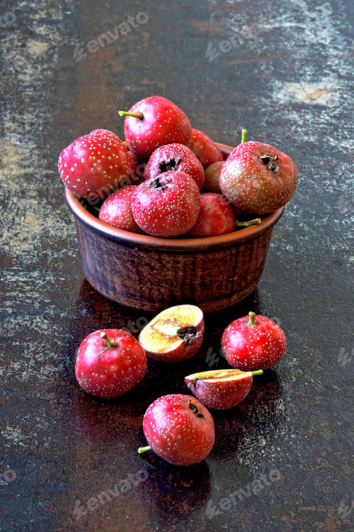 Preview: Hawthorn In A Ceramic Bowl On A Stylish Shabby Background. Berries Of Hawthorn.