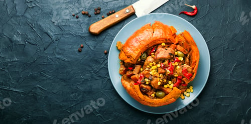 Preview: Meat With Vegetables Baked In Pumpkin.Mexican Pork.Space For Text