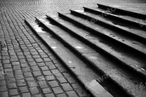 Preview: Stairway With Granite Stone Steps After Rain. Black And White.