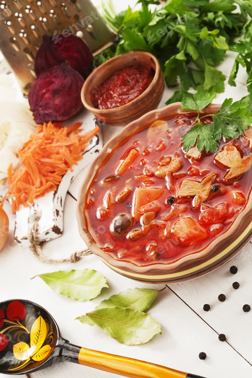 Preview: Russian Vegetarian Beetroots Soup With Mushrooms. Borsch