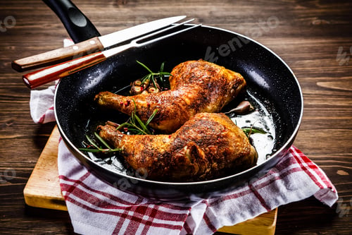 Preview: Fried Chicken Legs In Pan On Wooden Table