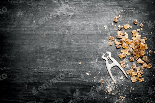Preview: Crystal Sugar With Wire Cutters. On Black Rustic Background.