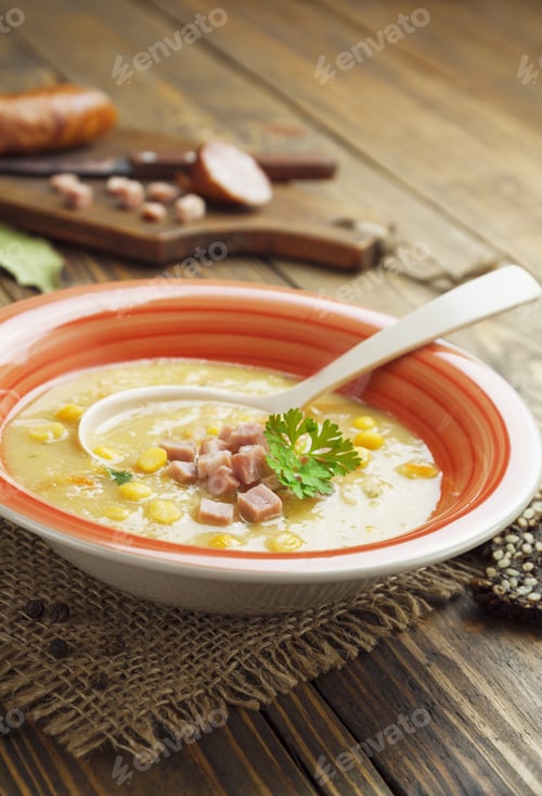 Preview: Pea Soup With Sausage In A Ceramic Plate