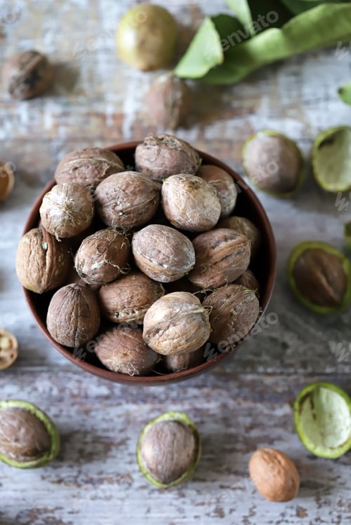 Preview: Freshly Walnuts In A Bowl. Harvest Walnuts. Walnuts Peeled From Green Shells. The Leaves Of The