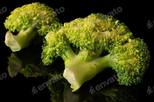 Preview: Group Of Two Pieces Of Fresh Green Broccoli Isolated On Black Glass