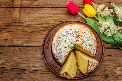 Preview: Easter Cake On Old Wooden Table. Traditional Orthodox Festive Bread, Cut Pieces, Artificial Decor