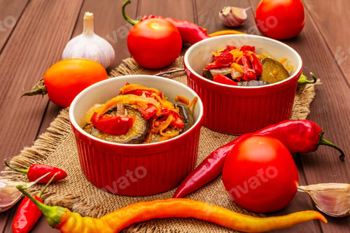 Preview: Marinated Salad With Pickled Vegetables: Eggplant, Carrot, Pepper, Tomato, Garlic. Healthy Food