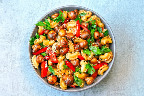 Preview: Pasta With Mushrooms. A Healthy Meal Without Meat. Vegan Bowl. Vegetarian Pasta With Mushrooms.