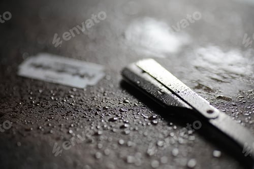 Preview: Shaving Accessories On A Wooden Texture Background And Disposable Blades