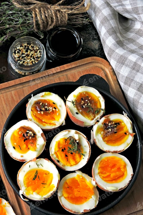 Preview: Soft Boiled Eggs In A Cast Iron Skillet. Nutritious Healthy Breakfast Or Snack.
