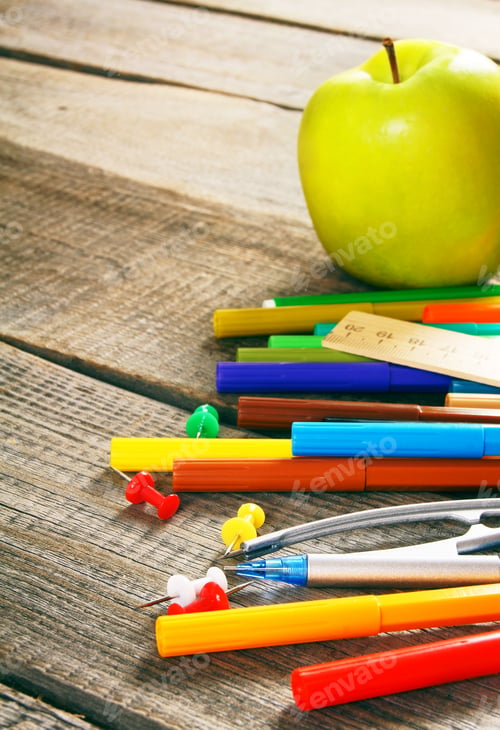 Preview: School Tools. On A Wooden Background.