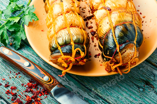 Preview: Hot Smoked Mackerel Roll.Delicious Smoked Fish On Plate