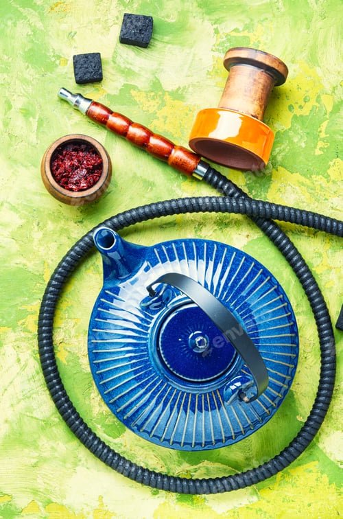 Preview: Details Of Tobacco Hookah And Teapot With Tea.Egyptian Smoking Shisha And Teakettle