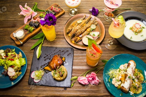 Preview: Set Of Food And Drink-Soup,Fish,Meat And Cocktails On Wooden Background