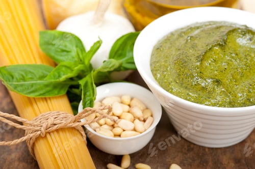 Preview: Italian Traditional Basil Pesto Pasta Ingredients Parmesan Cheese Pine Nuts Extra Virgin Olive Oil
