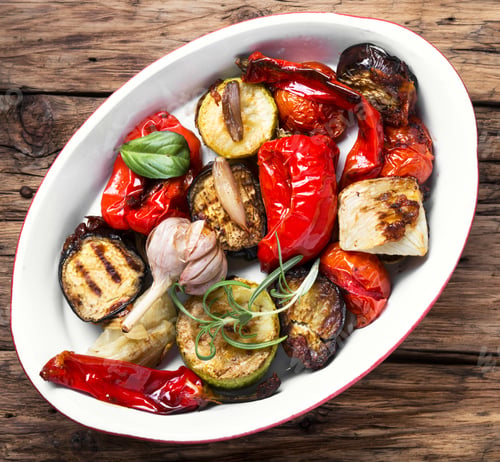 Preview: Grilled Vegetables In Pan On Vintage Wooden Background