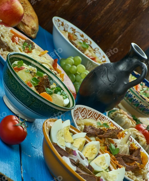 Preview: Uzbek Cuisine , Traditional Assorted Dishes, Top View, Central Asian Cuisine