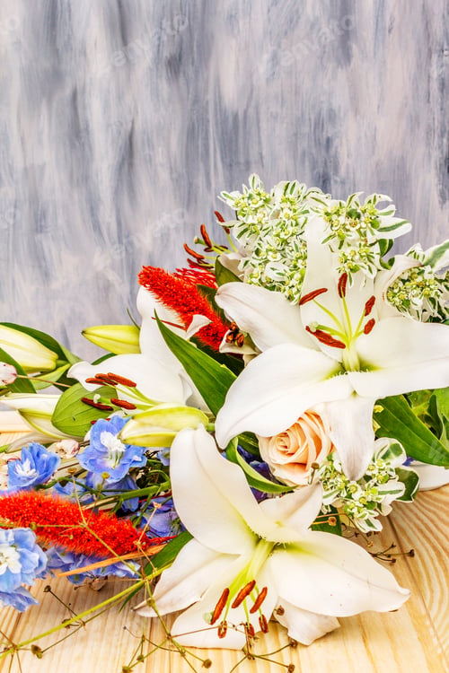 Preview: Bouquet Of Summer Festive Flowers. The Concept Of A Romantic Gift. Bridal Bouquet. Light Wooden