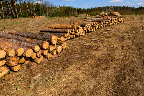Preview: Stacked Tree Logs Of Pine Wood In Forest. Forest Felling. Timber Storage