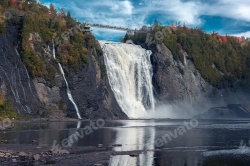 Preview: Scenic View Of Famous Montmorency Falls With A Suspension Bridge Over The Crest Of The Falls. Large