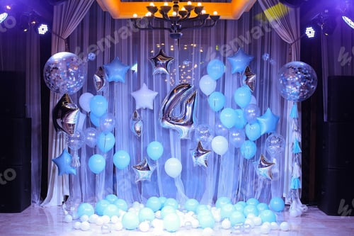 Preview: Decorated Scene With Balloons And Number 4. Concept Of Party For Four Years Old Child.