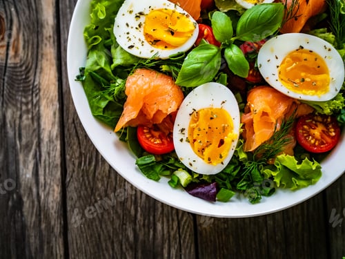 Preview: Salmon Salad - Smoked Salmon Hard Boiled Eggs And Green Vegetables On Wooden Table