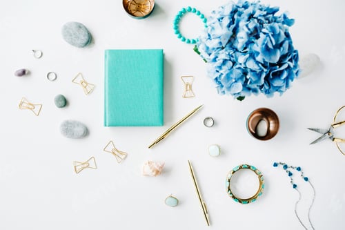 Preview: Hydrangea, Feminine Accessories, Mint Diary, Golden Clips And Pen On White Background. Top View