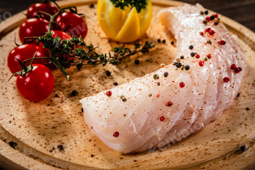 Preview: Fresh Raw Cod Loin With Seasonings And Vegetables Served On Cutting Board On Wooden Table
