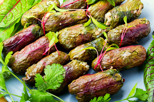 Preview: Traditional Oriental Dolma In Sorrel Leaf On Table,Food Background,Close Up,Macro