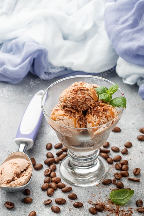 Preview: Homemade Caramel Ice Cream With Chocolate, Coffee And Mint. Refreshing Dessert For Gourmets
