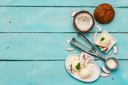 Preview: Lactose Free Coconut Ice Cream. Special Spoon, Halves Of Fruit, Flakes. Vegan Dessert Concept