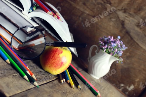 Preview: Education Book Apple And Magnifying Glass