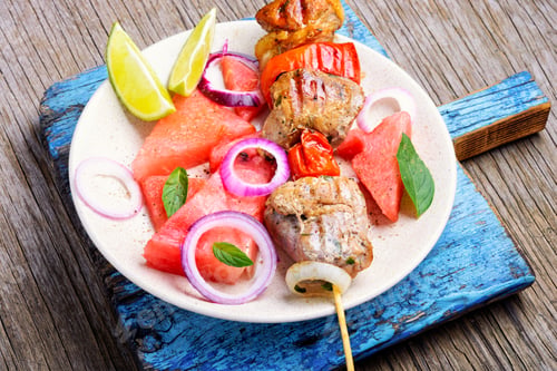 Preview: Meat, Shish Kebab On Skewers With Watermelon. Summer Recipe For Shish Kebab.Oriental Cuisine