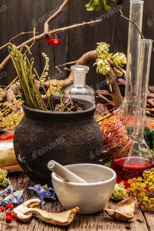 Preview: Witch'S Laboratory. Alchemical Equipment, Apothecary Treatment. Mortar And Pestle, Bottles