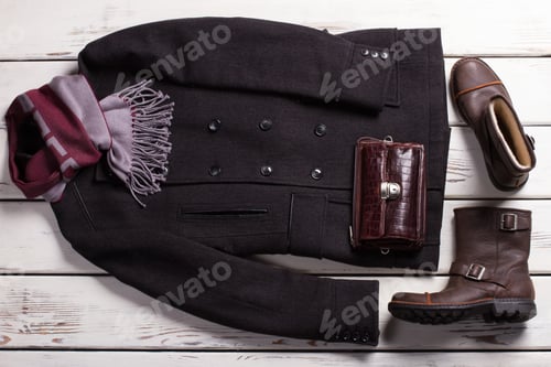 Preview: Male Wardrobe. Stylish Men'S Clothing In Wooden Background. Classic Style.